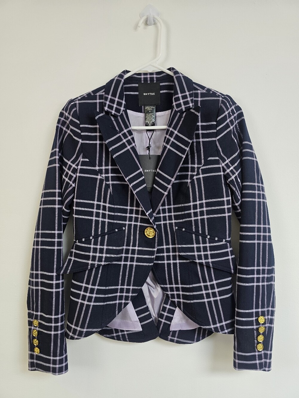 Smythe Navy Lilac Grid Gold Button Blazor Plaid Jacket